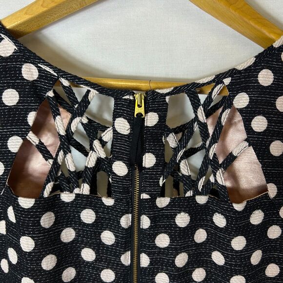 Anthropologie Maeve Nikola Black Cream Dot Print Lattice Neck SS Dress Size 12 - Picture 11 of 16